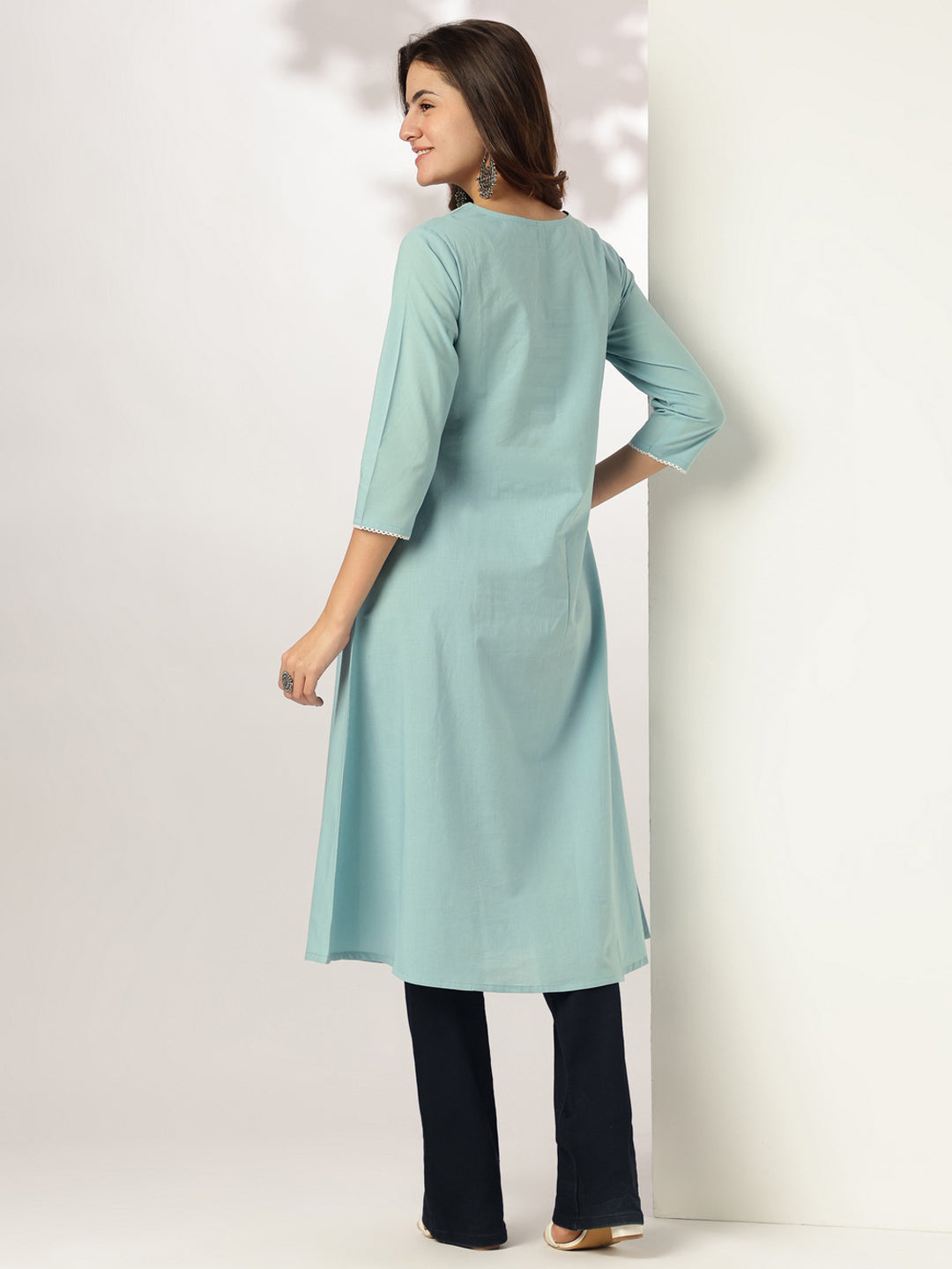 Ninnique Women's Light Blue Pure Cotton Yoke Embroidered A-line Kurta