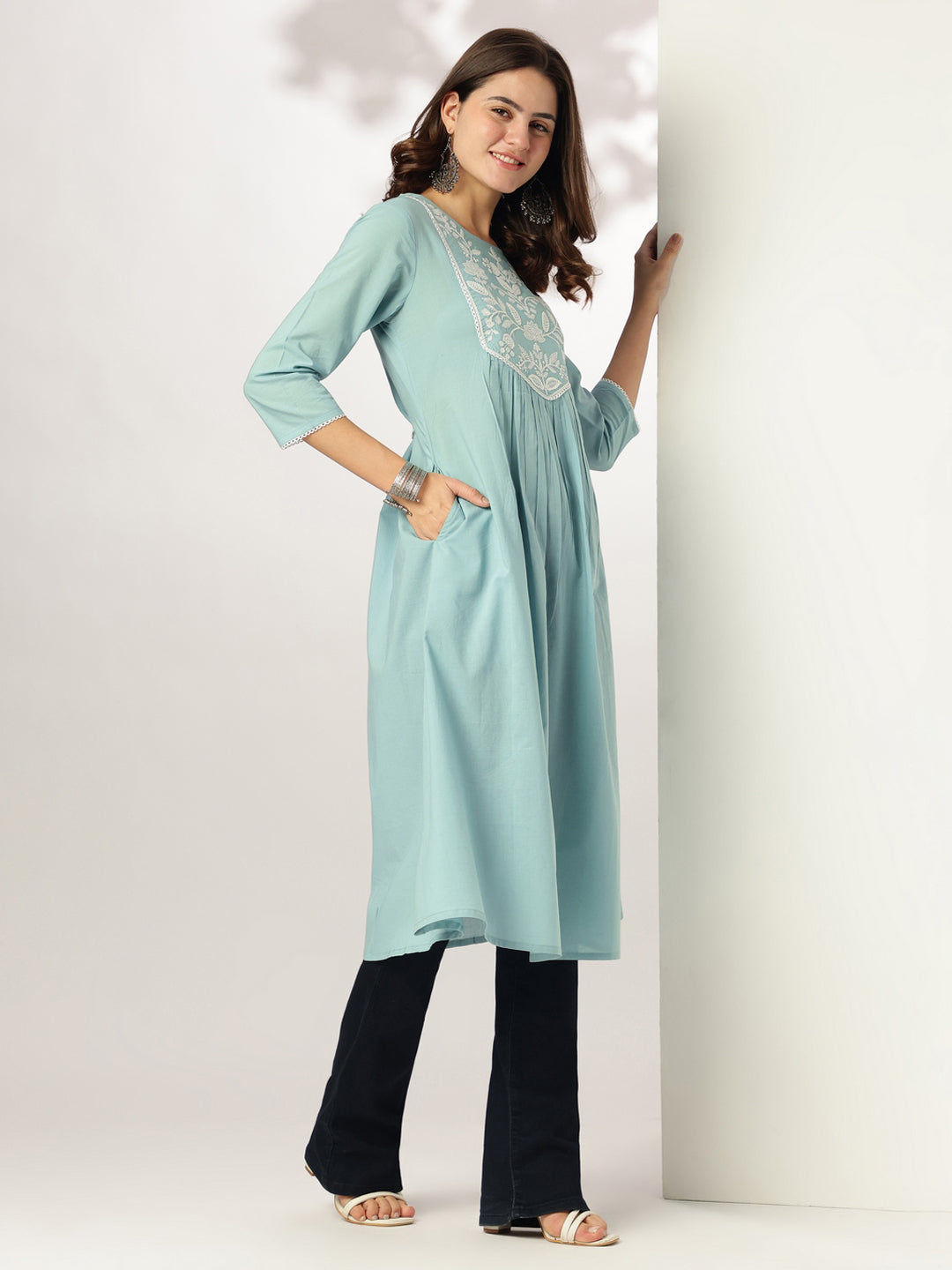 Ninnique Women's Light Blue Pure Cotton Yoke Embroidered A-line Kurta