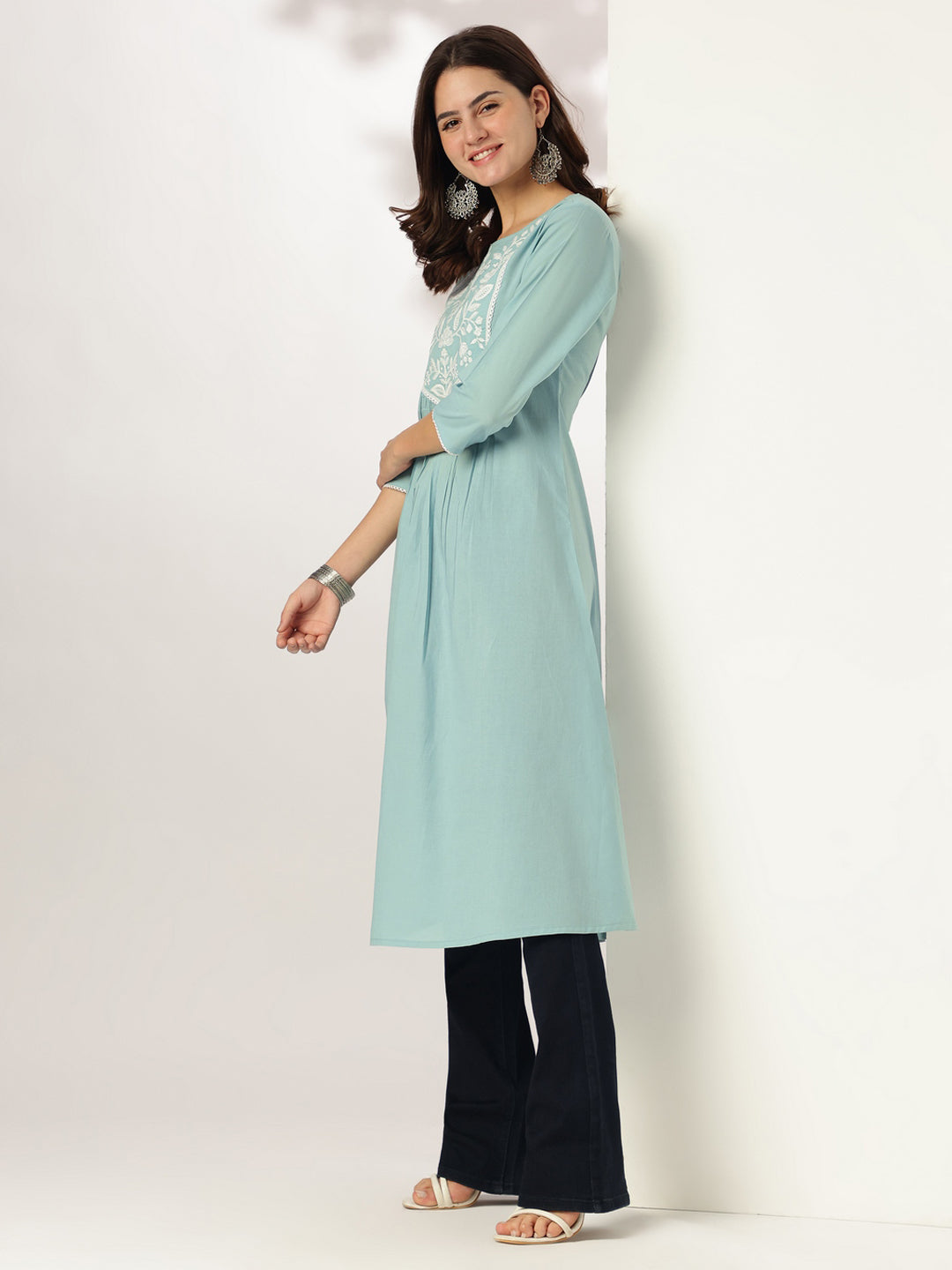 Ninnique Women's Light Blue Pure Cotton Yoke Embroidered A-line Kurta