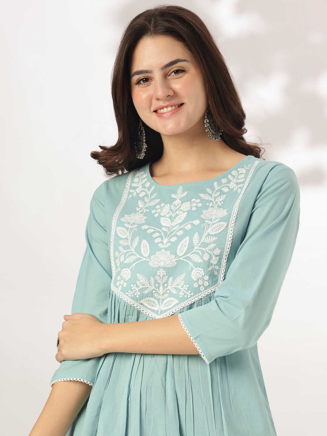 Ninnique Women's Light Blue Pure Cotton Yoke Embroidered A-line Kurta