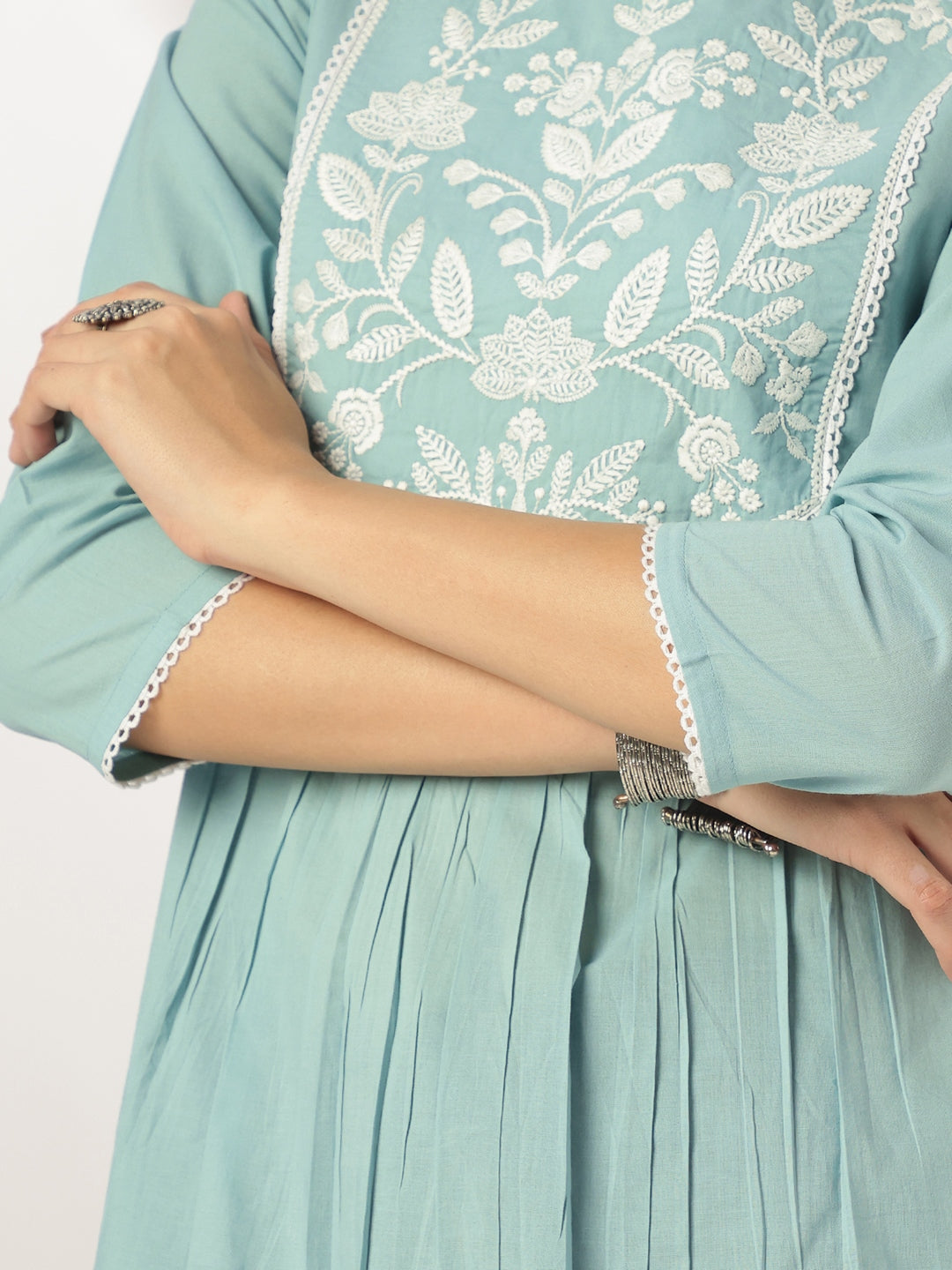 Ninnique Women's Light Blue Pure Cotton Yoke Embroidered A-line Kurta