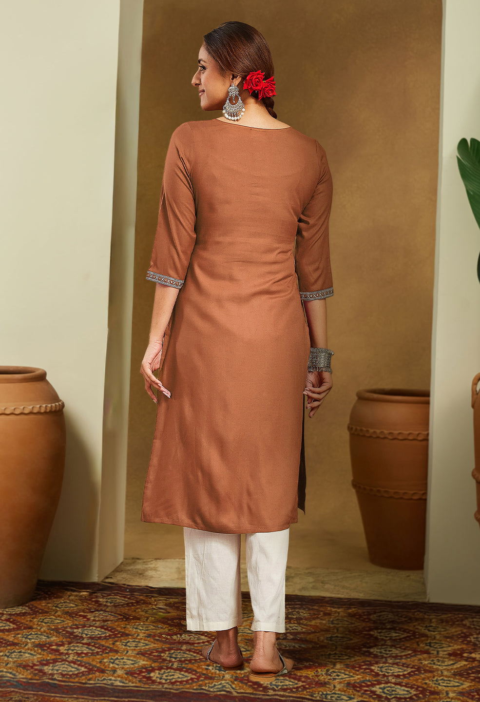 Ninnique Women's Brown Rayon Embroidered Straight Kurta
