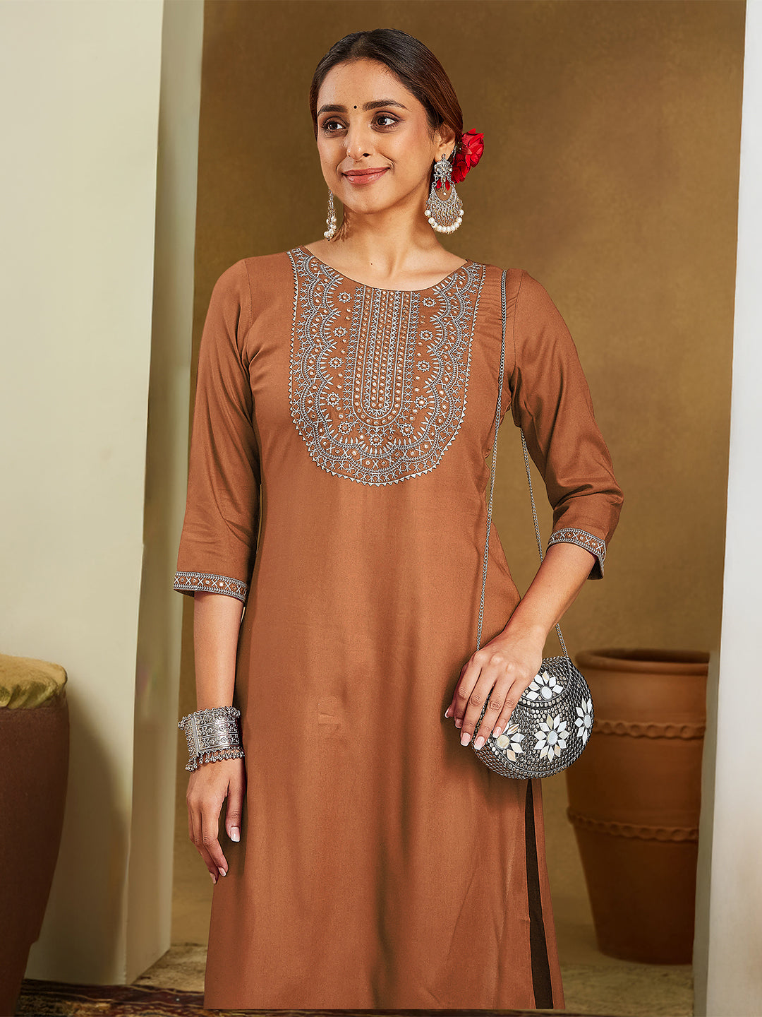 Ninnique Women's Brown Rayon Embroidered Straight Kurta