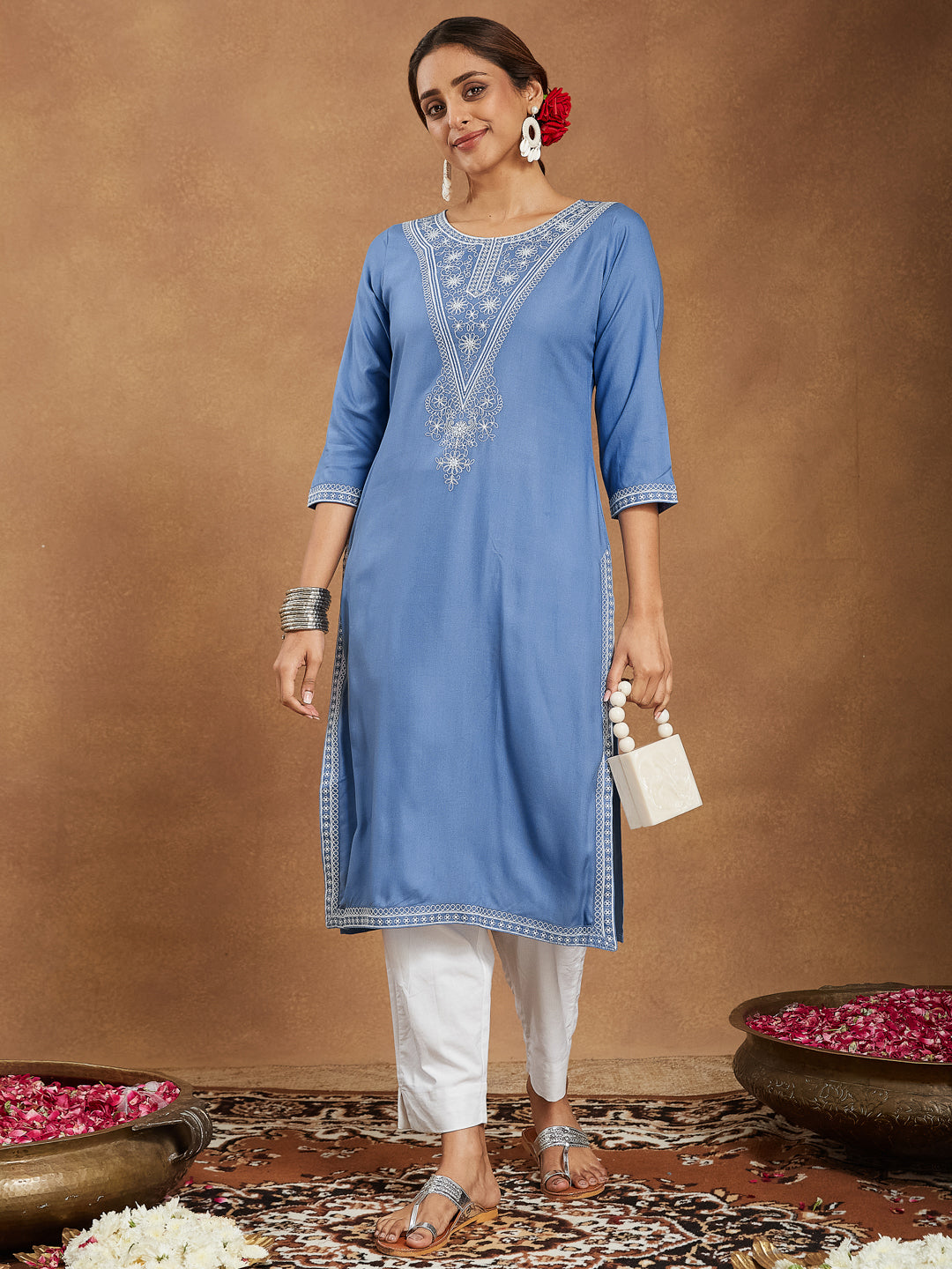 Ninnique Women's Sky Blue Rayon Embroidered Straight Kurta
