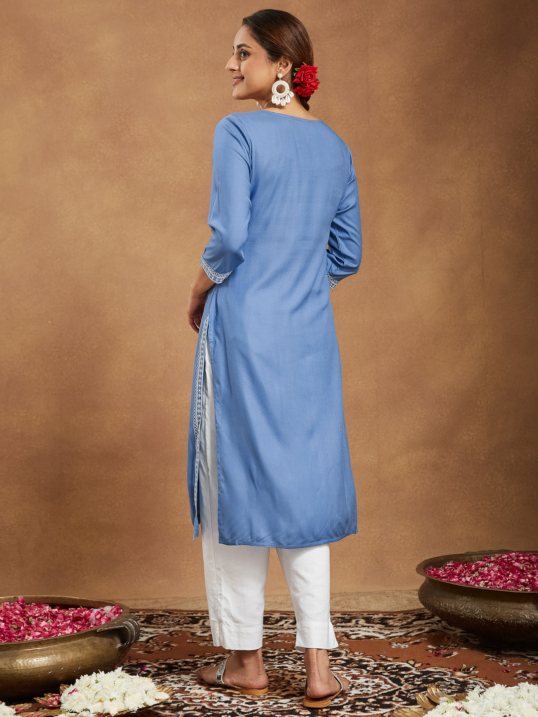 Ninnique Women's Sky Blue Rayon Embroidered Straight Kurta