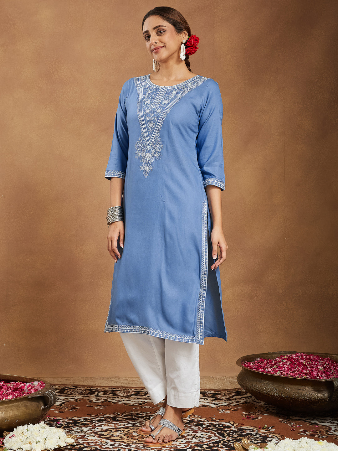 Ninnique Women's Sky Blue Rayon Embroidered Straight Kurta