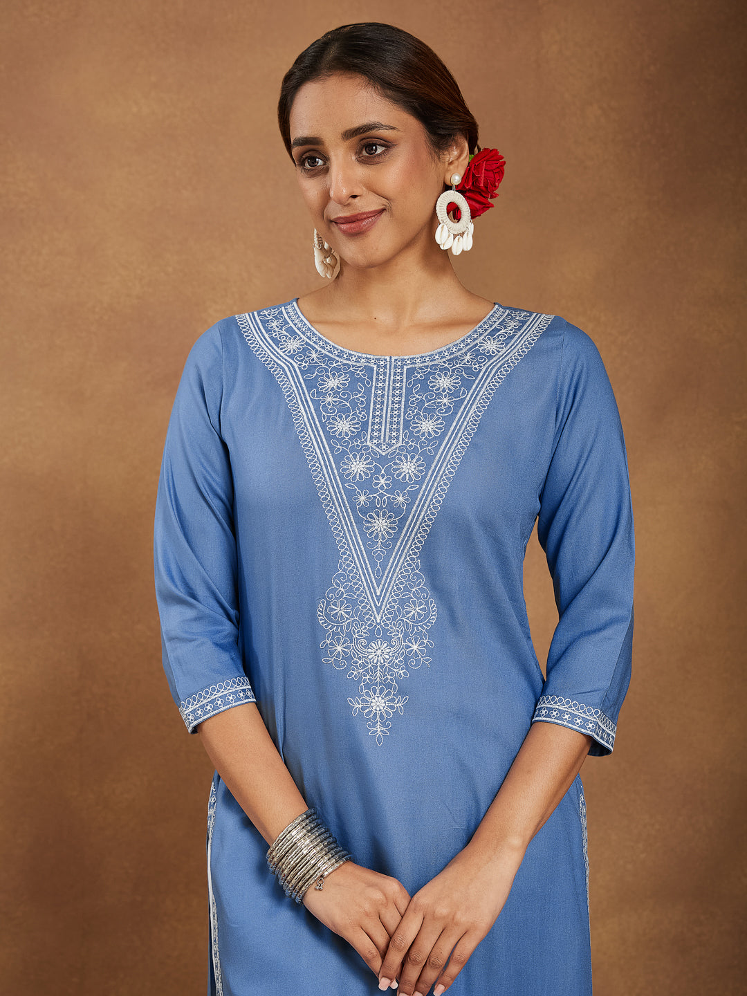 Ninnique Women's Sky Blue Rayon Embroidered Straight Kurta
