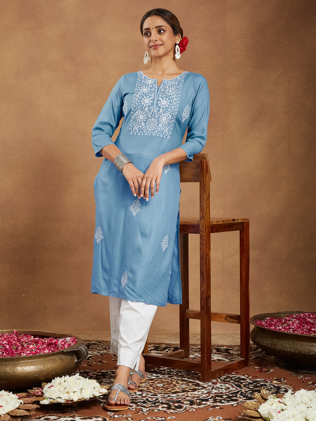 Ninnique Women's Sky Blue Rayon Embroidered Straight Kurta