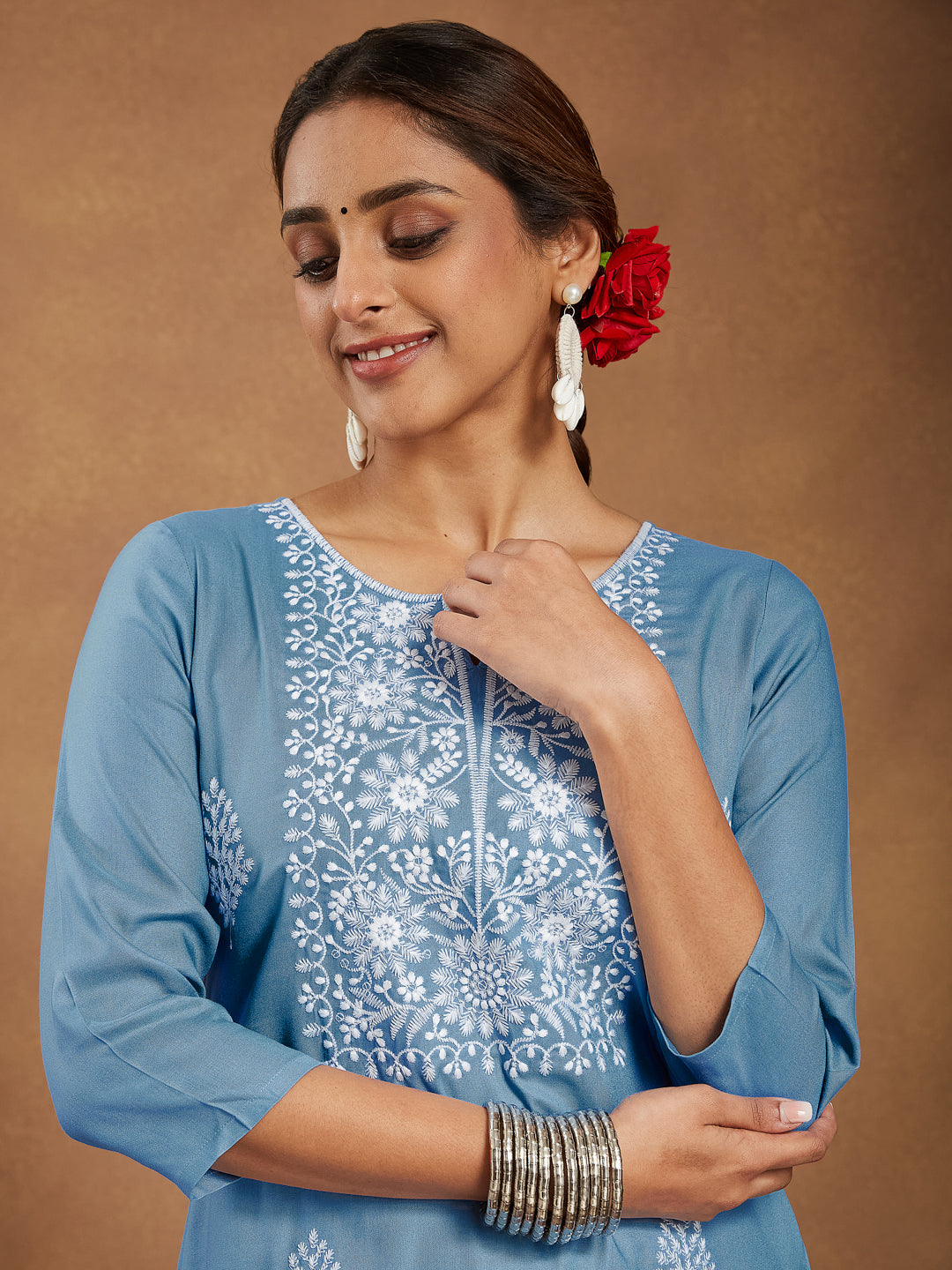 Ninnique Women's Sky Blue Rayon Embroidered Straight Kurta