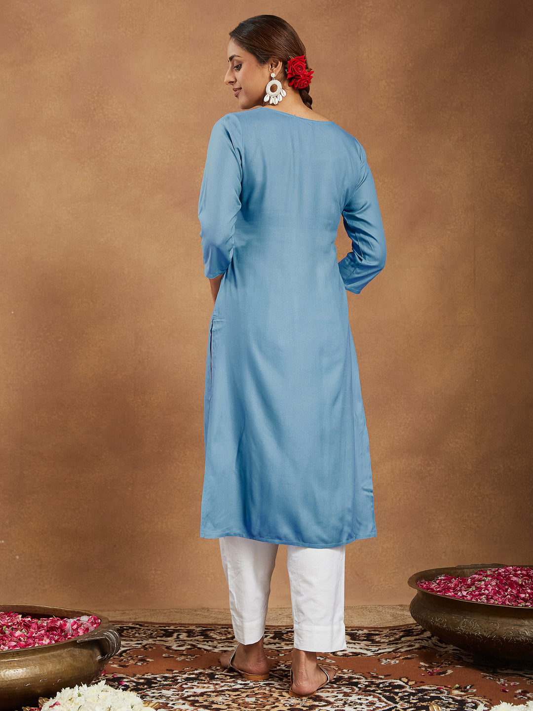 Ninnique Women's Sky Blue Rayon Embroidered Straight Kurta