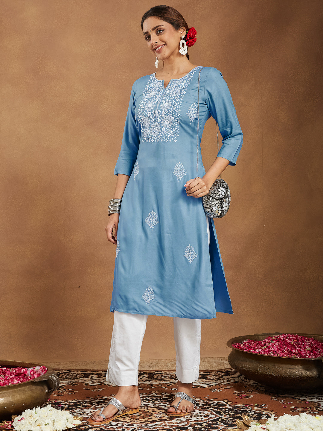 Ninnique Women's Sky Blue Rayon Embroidered Straight Kurta