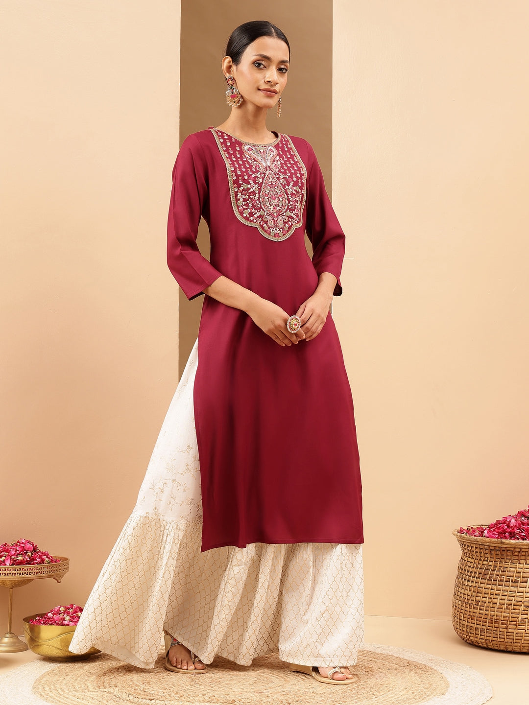 Ninnique Women's Wine Royan Yoke Embroidered Straight Kurta