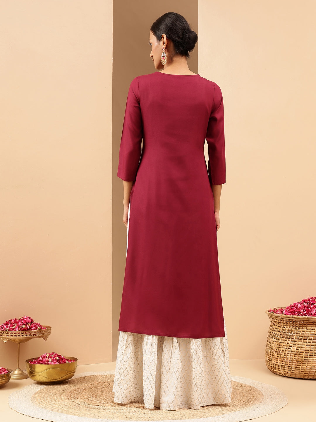 Ninnique Women's Wine Royan Yoke Embroidered Straight Kurta