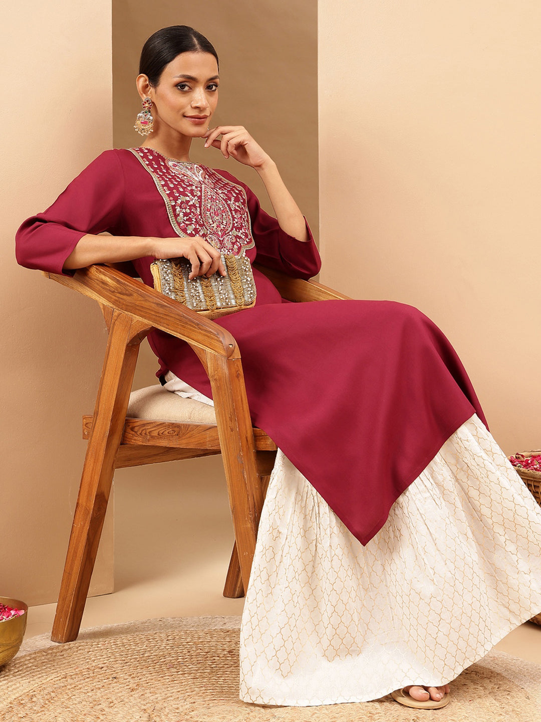 Ninnique Women's Wine Royan Yoke Embroidered Straight Kurta