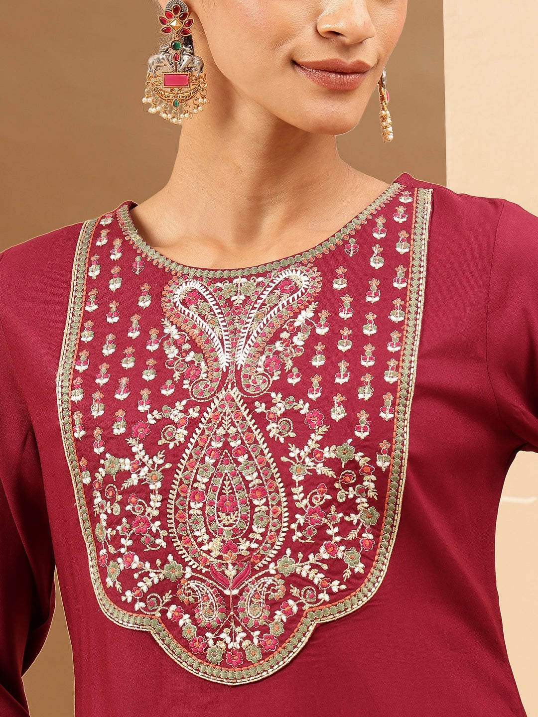 Ninnique Women's Wine Royan Yoke Embroidered Straight Kurta