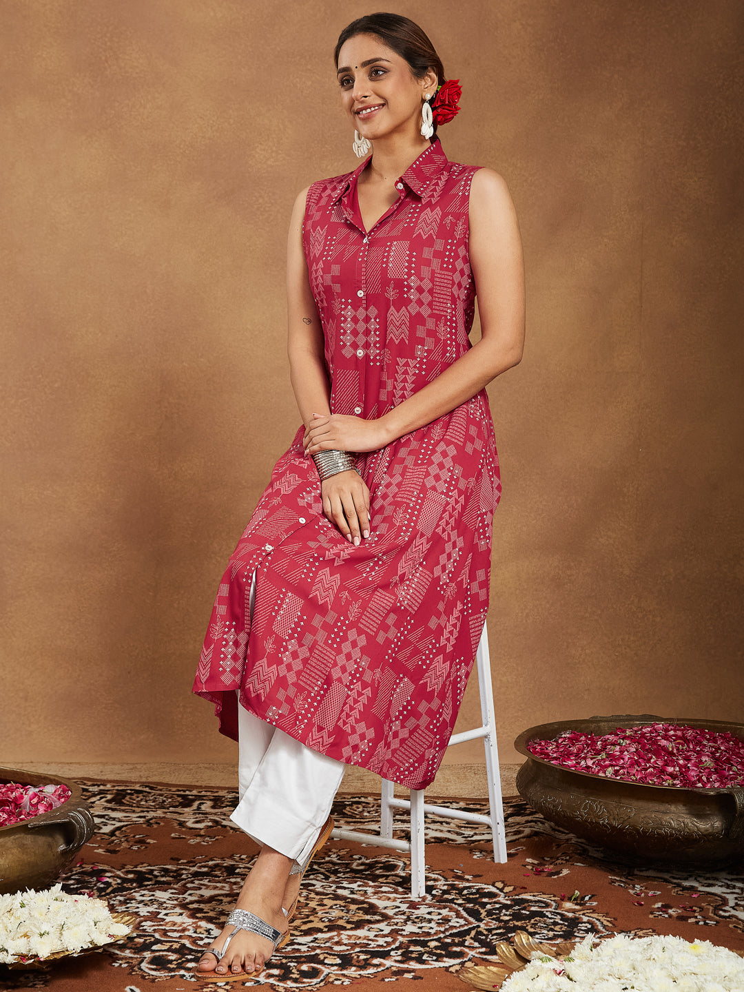 Ninnique Women's Red Rayon Geometric Printed A-line Shirt Kurta