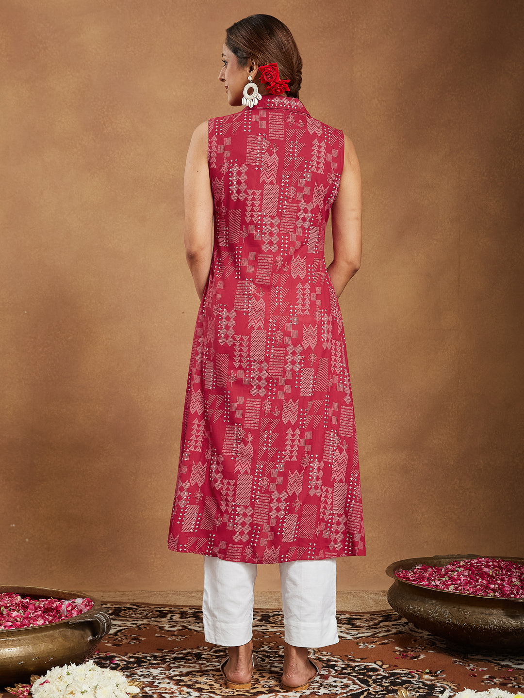 Ninnique Women's Red Rayon Geometric Printed A-line Shirt Kurta