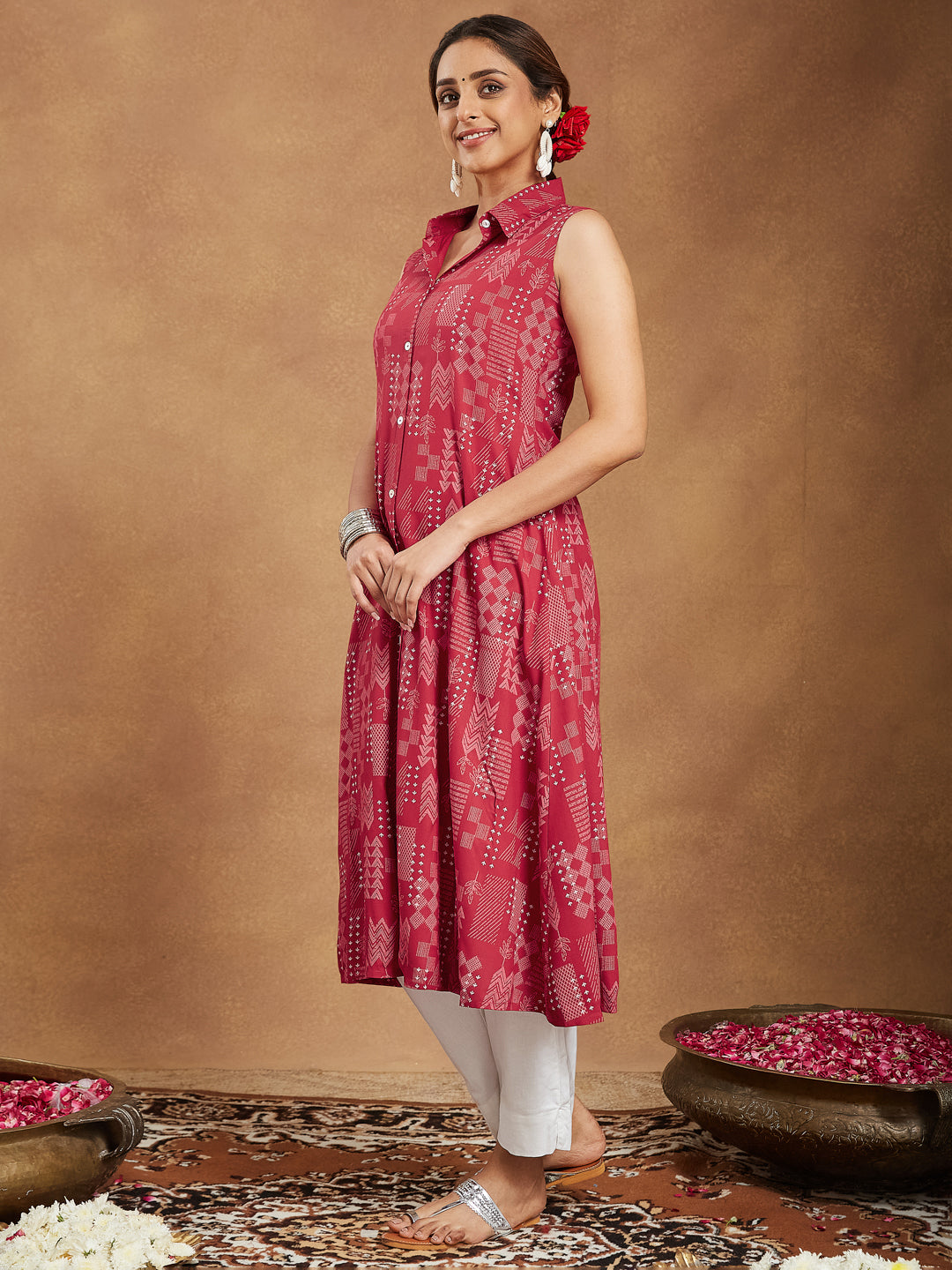 Ninnique Women's Red Rayon Geometric Printed A-line Shirt Kurta