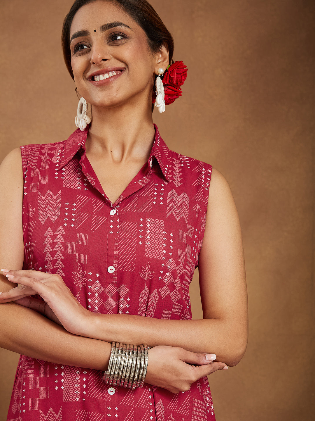 Ninnique Women's Red Rayon Geometric Printed A-line Shirt Kurta