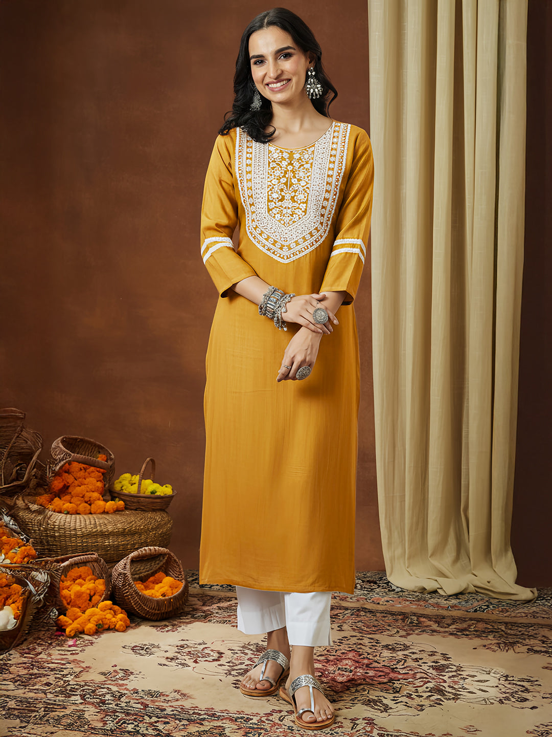 Ninnique Women's Mustard Silk Blend Embroidered Straight Kurta