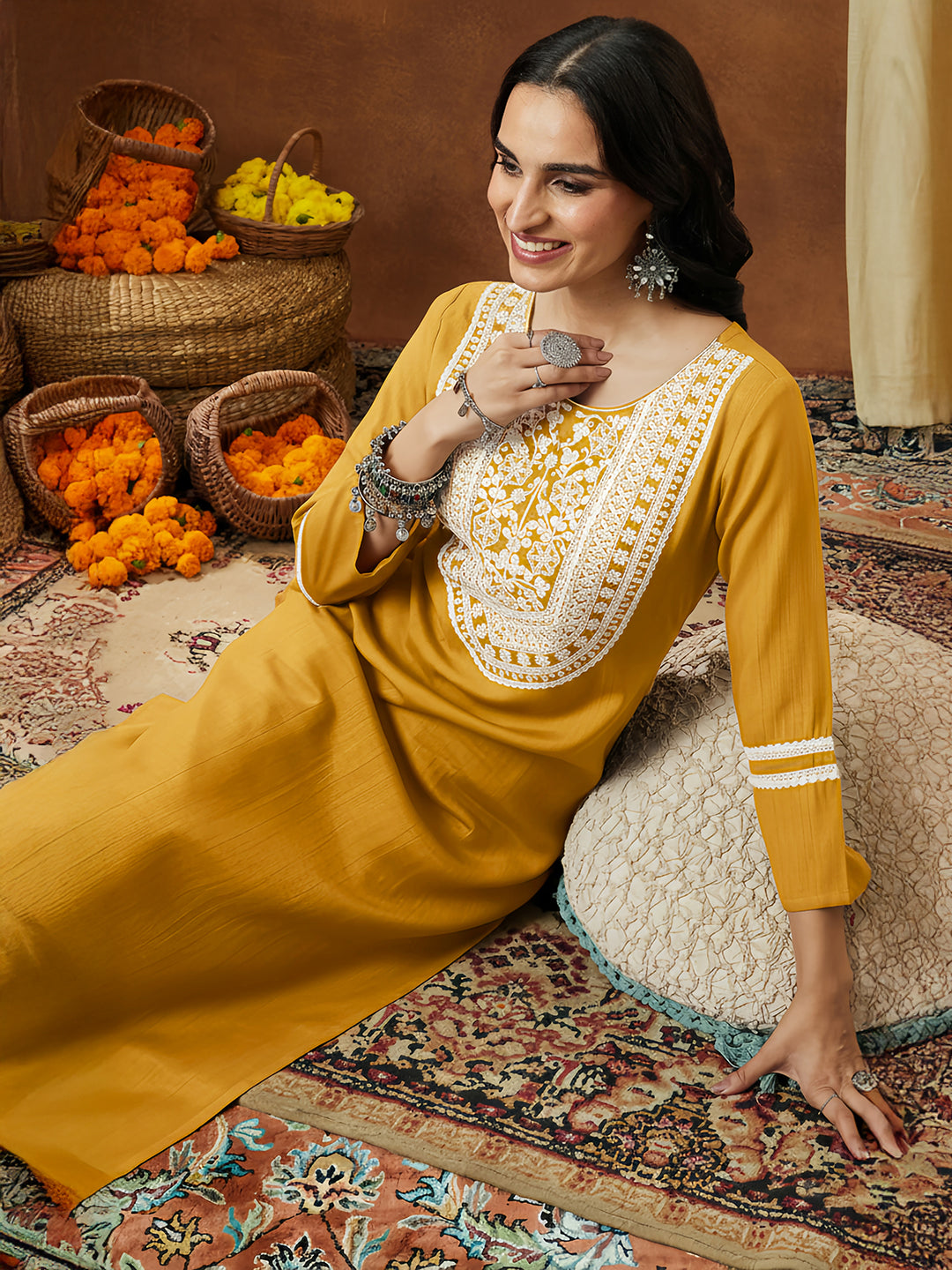 Ninnique Women's Mustard Silk Blend Embroidered Straight Kurta