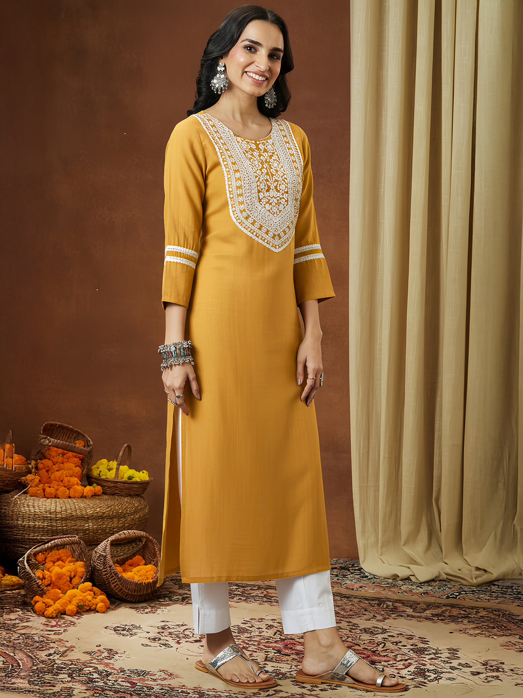 Ninnique Women's Mustard Silk Blend Embroidered Straight Kurta