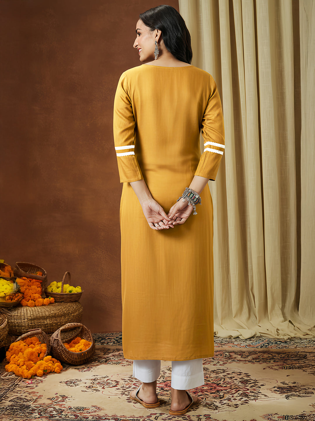 Ninnique Women's Mustard Silk Blend Embroidered Straight Kurta