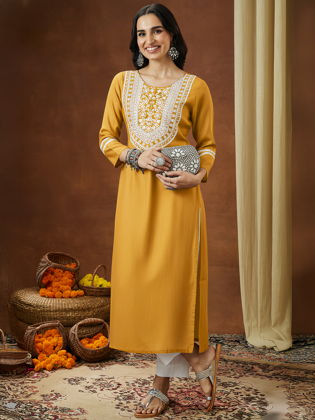 Ninnique Women's Mustard Silk Blend Embroidered Straight Kurta