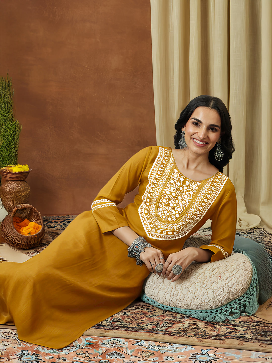 Ninnique Women's Mustard Silk Blend Embroidered Straight Kurta