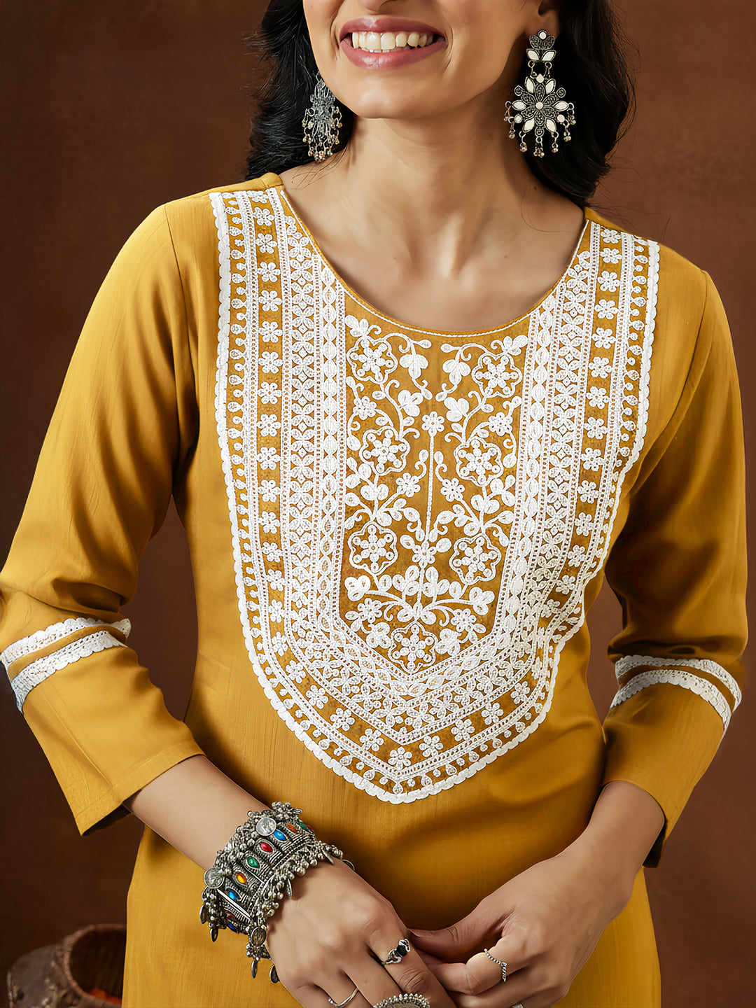 Ninnique Women's Mustard Silk Blend Embroidered Straight Kurta