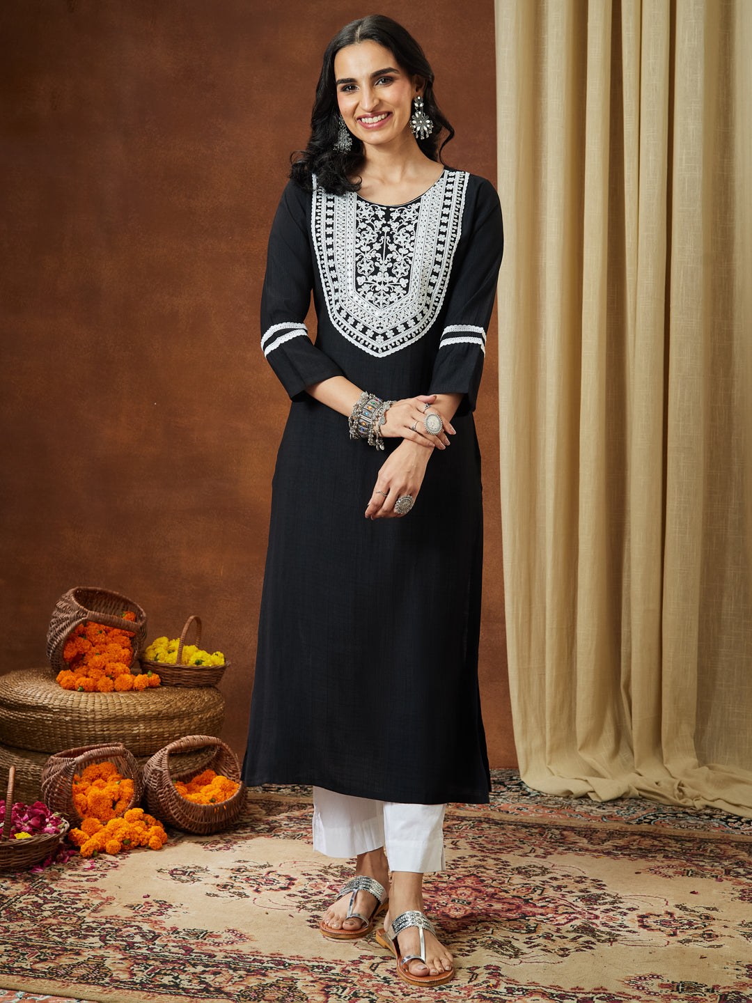 Ninnique Women's Black Silk Blend Embroidered Straight Kurta