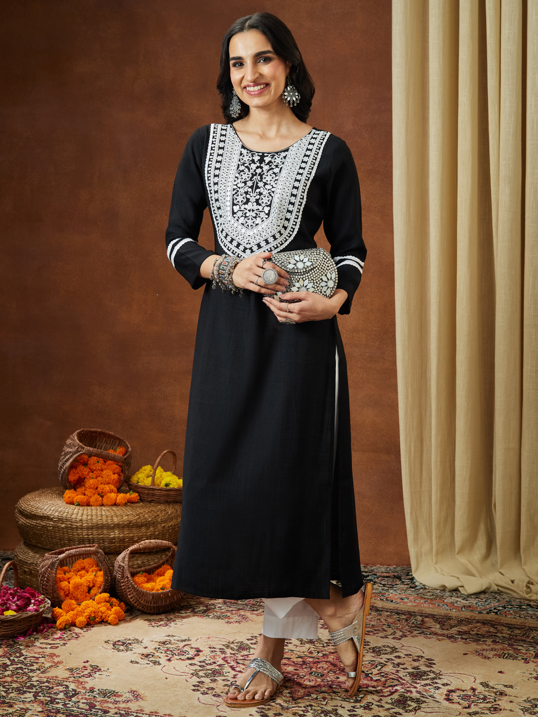 Ninnique Women's Black Silk Blend Embroidered Straight Kurta