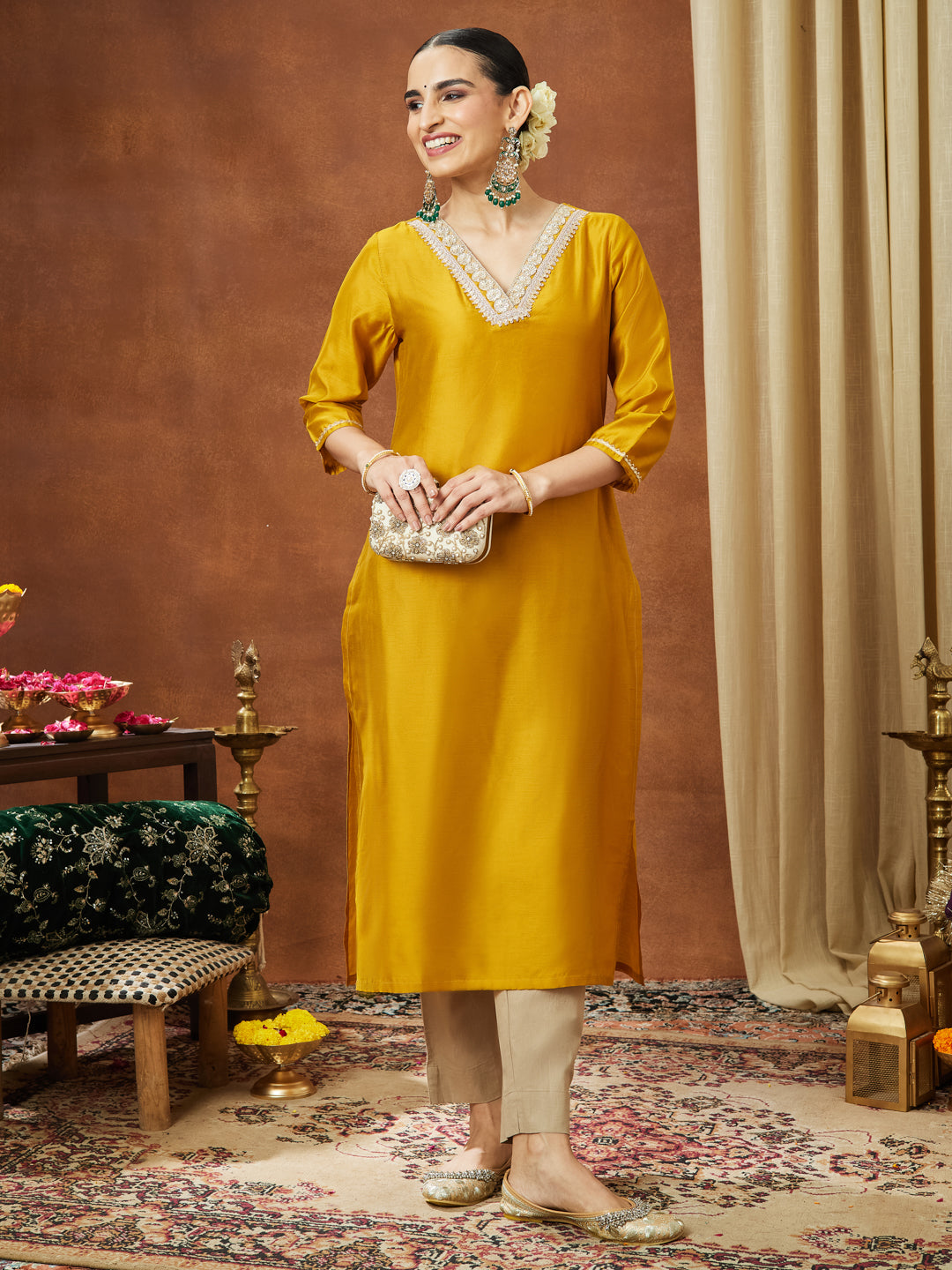 Ninnique Women's Mustard Chanderi Silk Embellished Straight Kurta