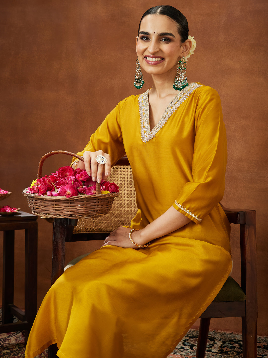 Ninnique Women's Mustard Chanderi Silk Embellished Straight Kurta