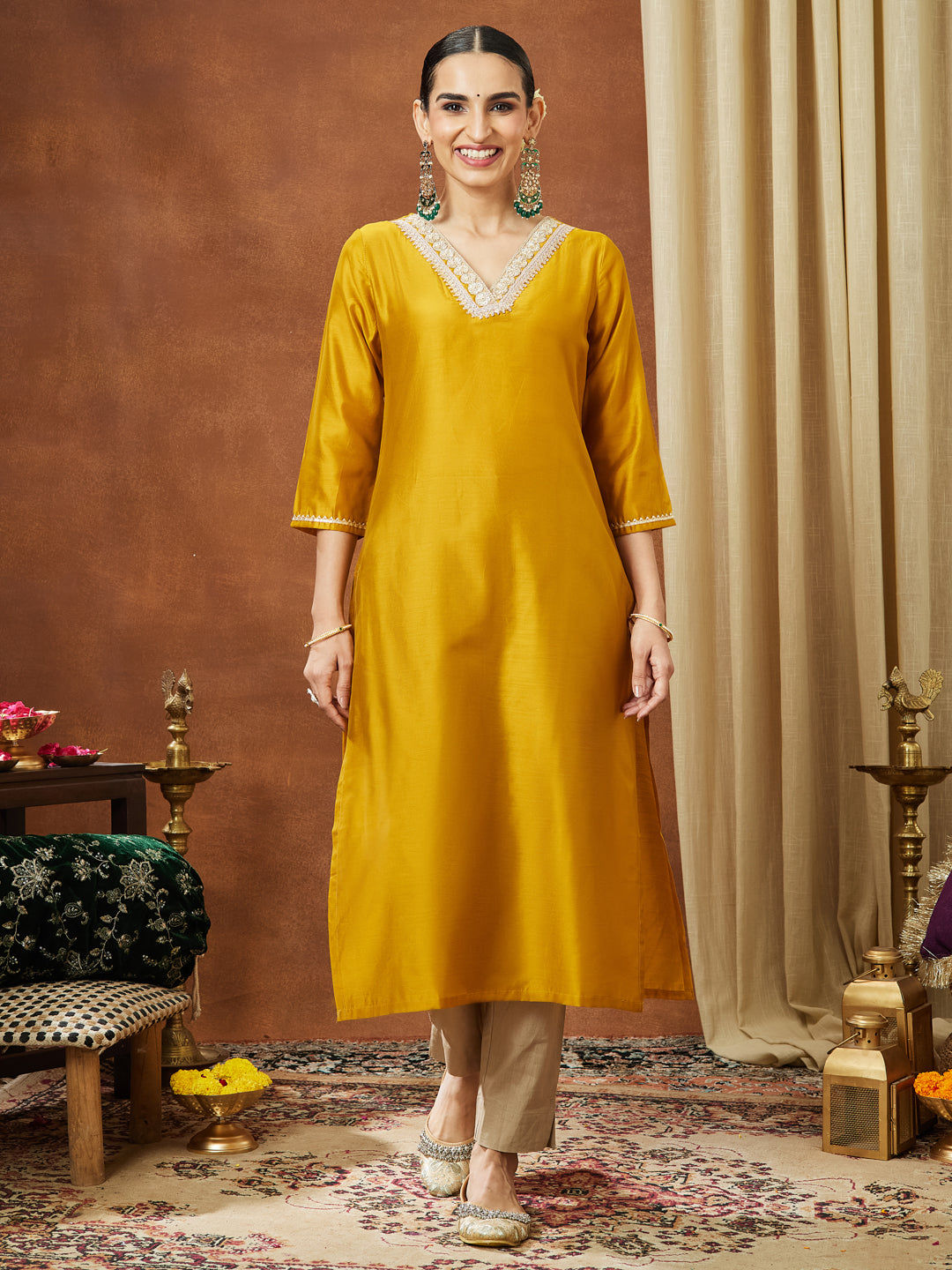 Ninnique Women's Mustard Chanderi Silk Embellished Straight Kurta