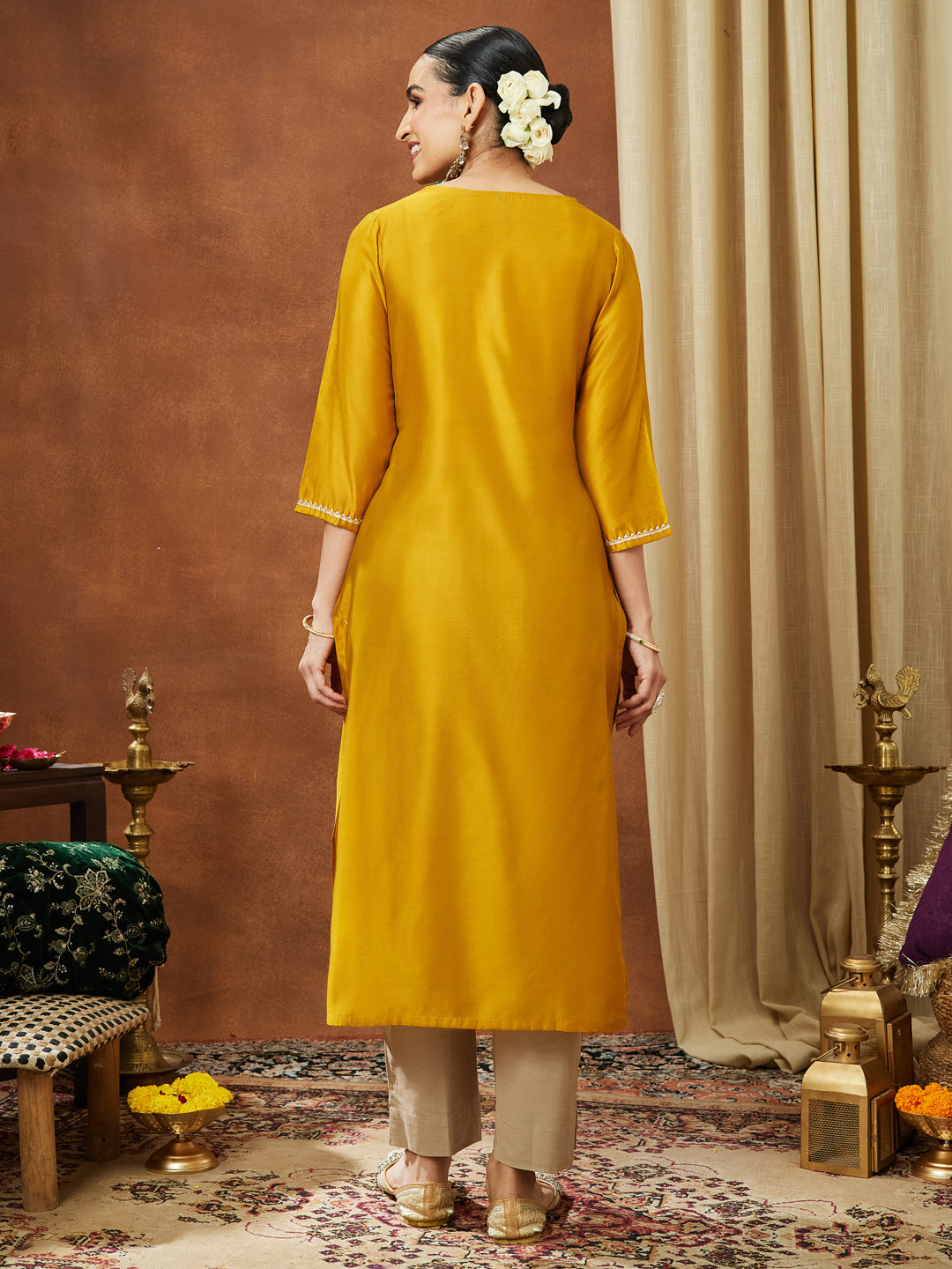 Ninnique Women's Mustard Chanderi Silk Embellished Straight Kurta