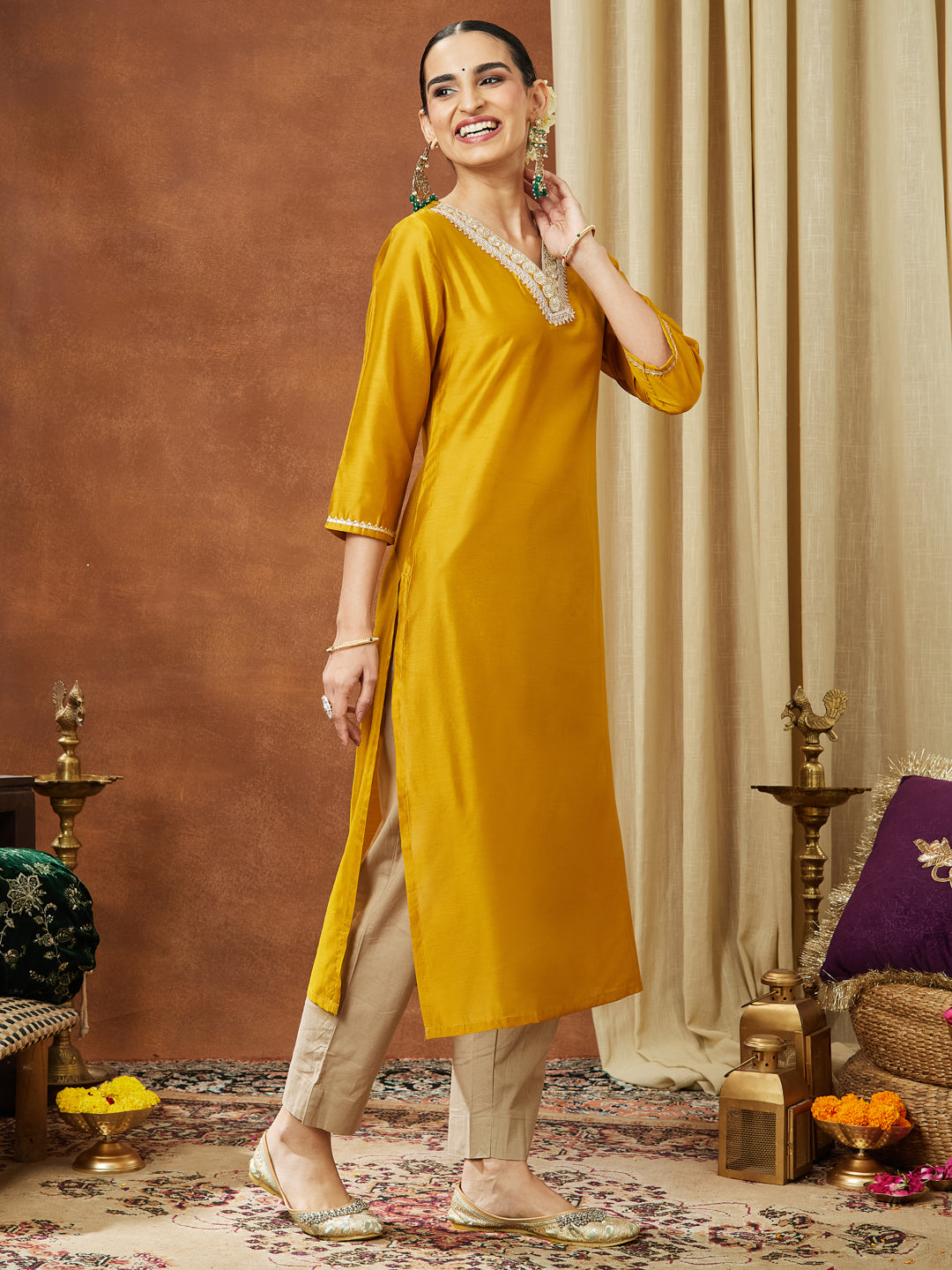 Ninnique Women's Mustard Chanderi Silk Embellished Straight Kurta