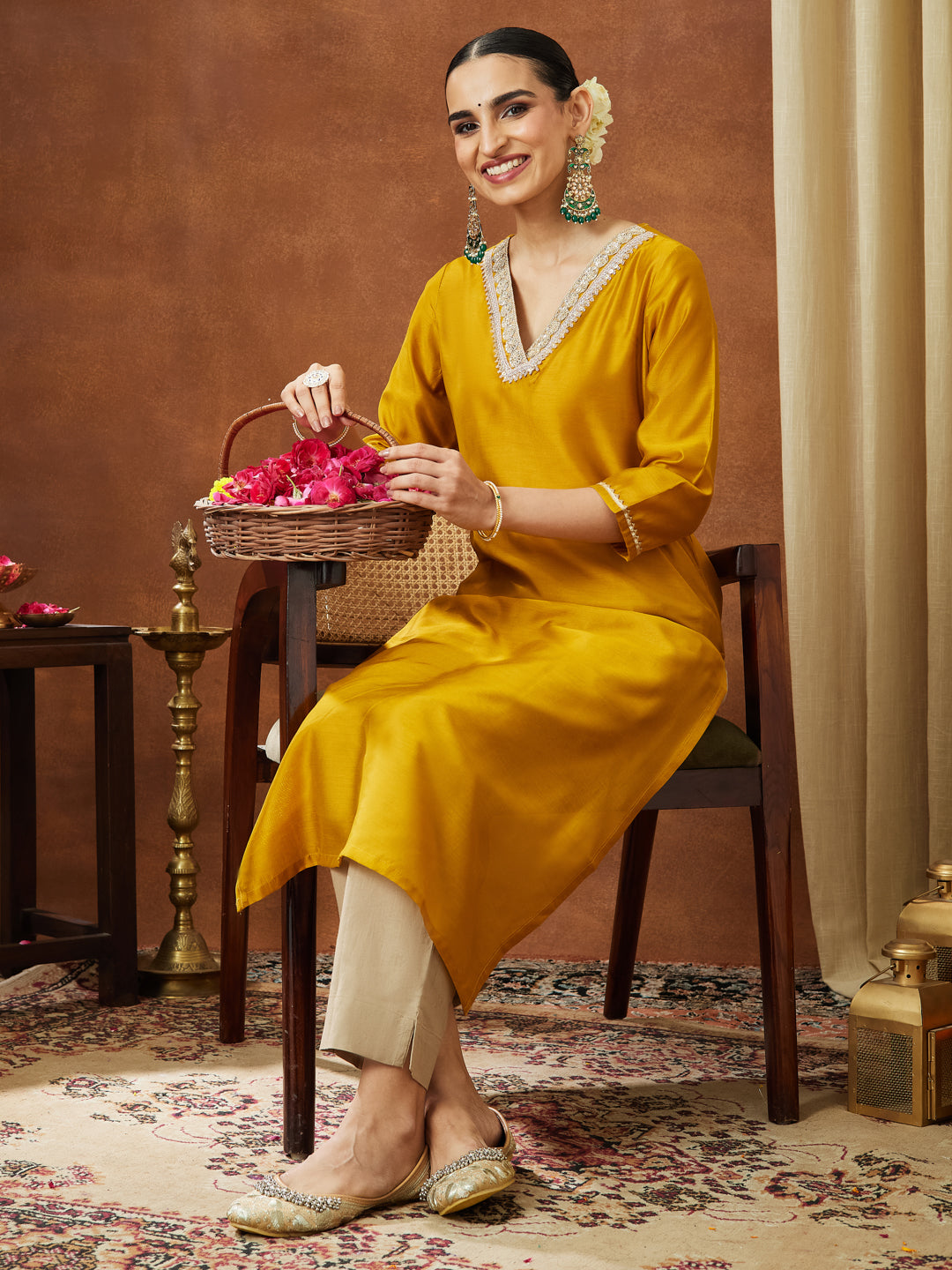 Ninnique Women's Mustard Chanderi Silk Embellished Straight Kurta
