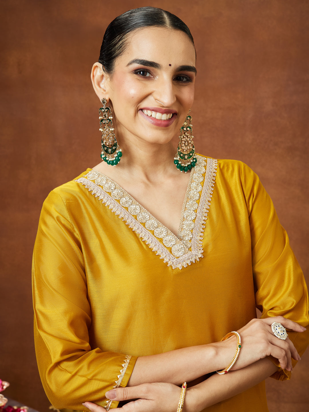 Ninnique Women's Mustard Chanderi Silk Embellished Straight Kurta