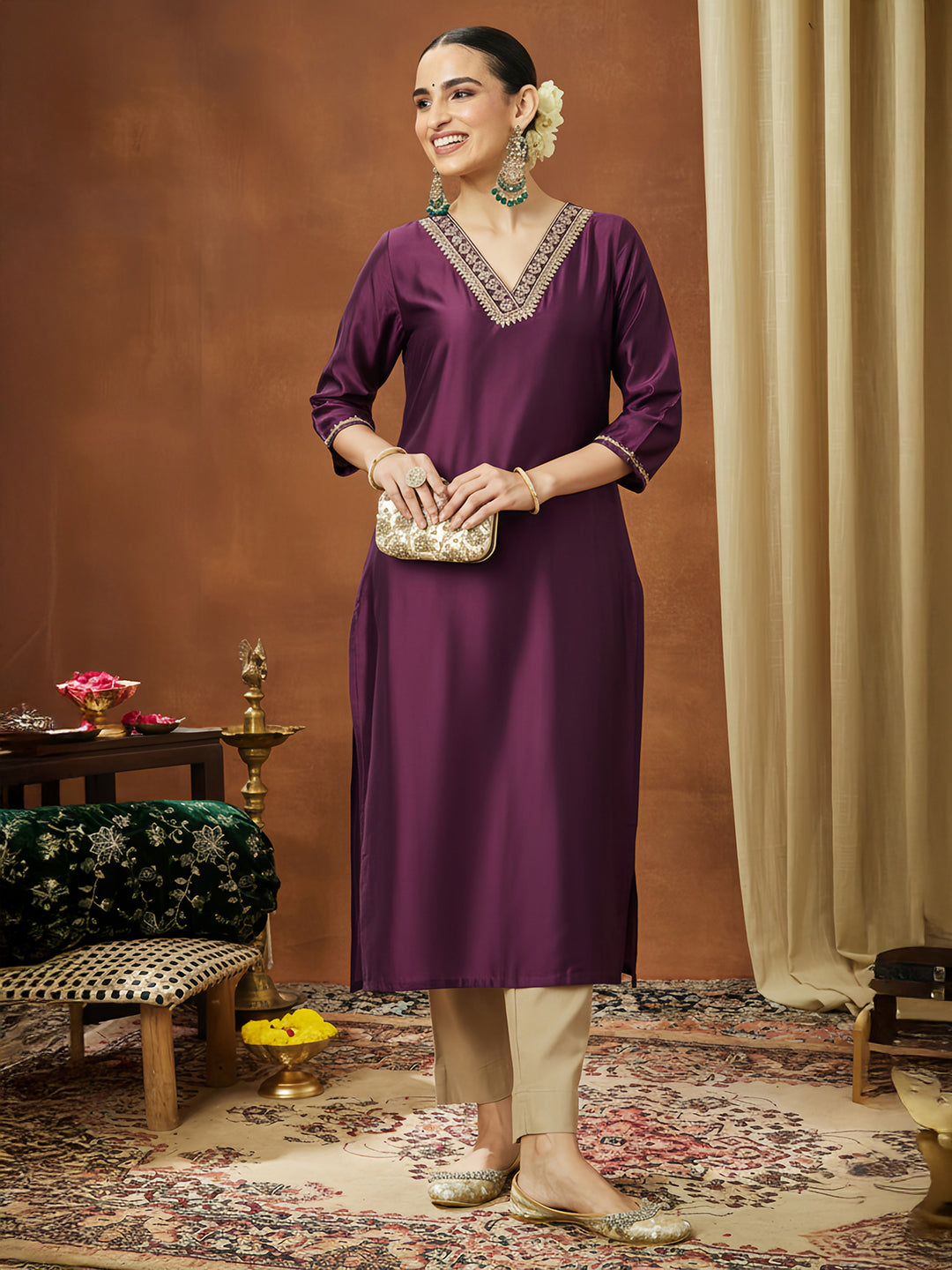 Ninnique Women's Wine Chanderi Silk Embellished Straight Kurta