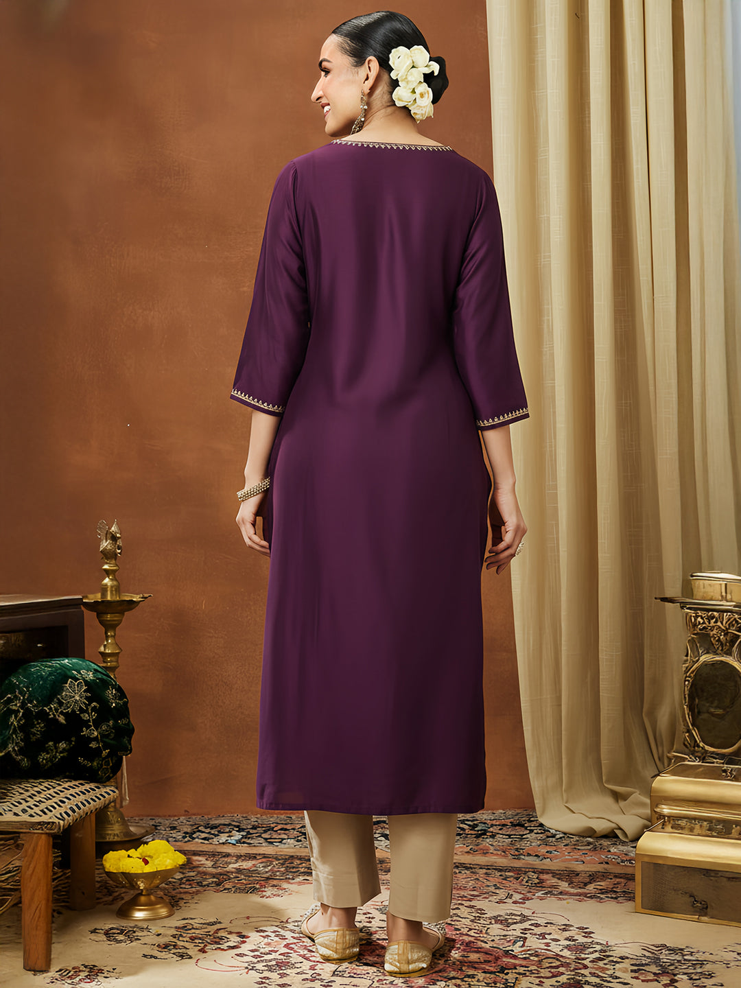 Ninnique Women's Wine Chanderi Silk Embellished Straight Kurta