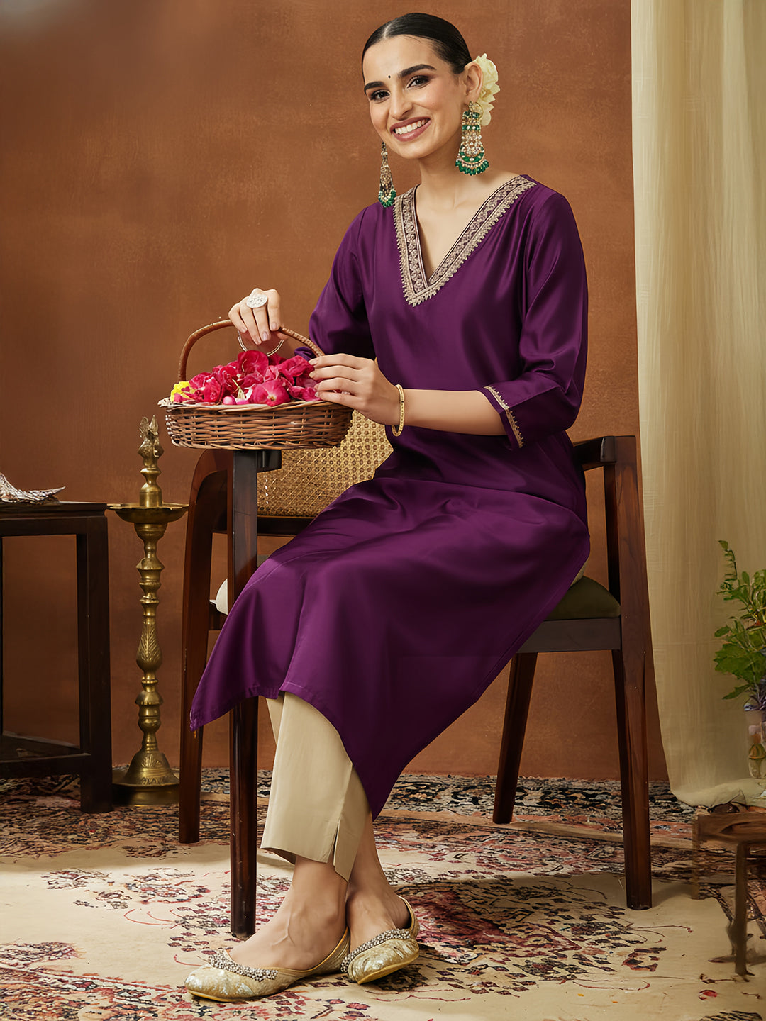 Ninnique Women's Wine Chanderi Silk Embellished Straight Kurta