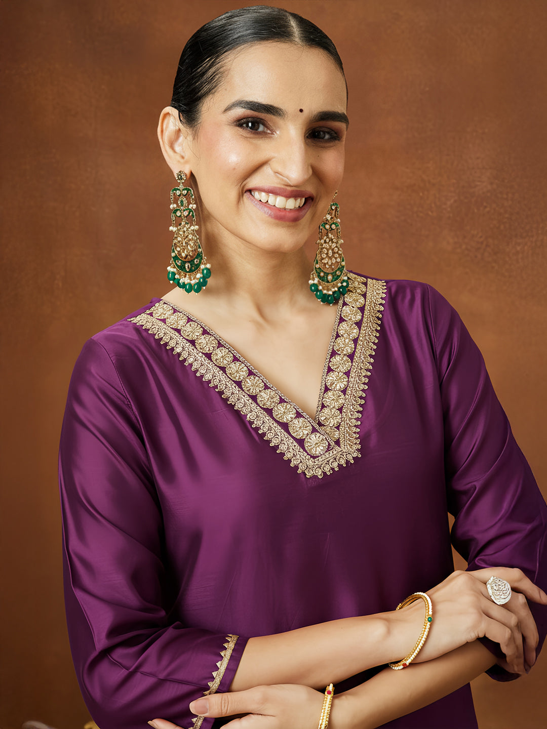 Ninnique Women's Wine Chanderi Silk Embellished Straight Kurta