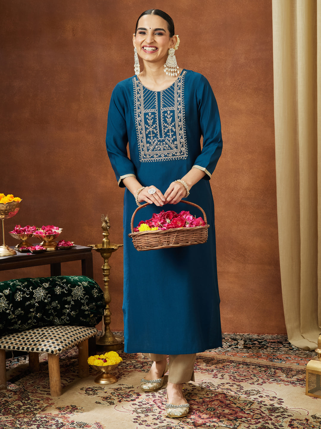 Ninnique Women's Teal Blue Chanderi Silk Zari Yoke Embroidery Straight Kurta