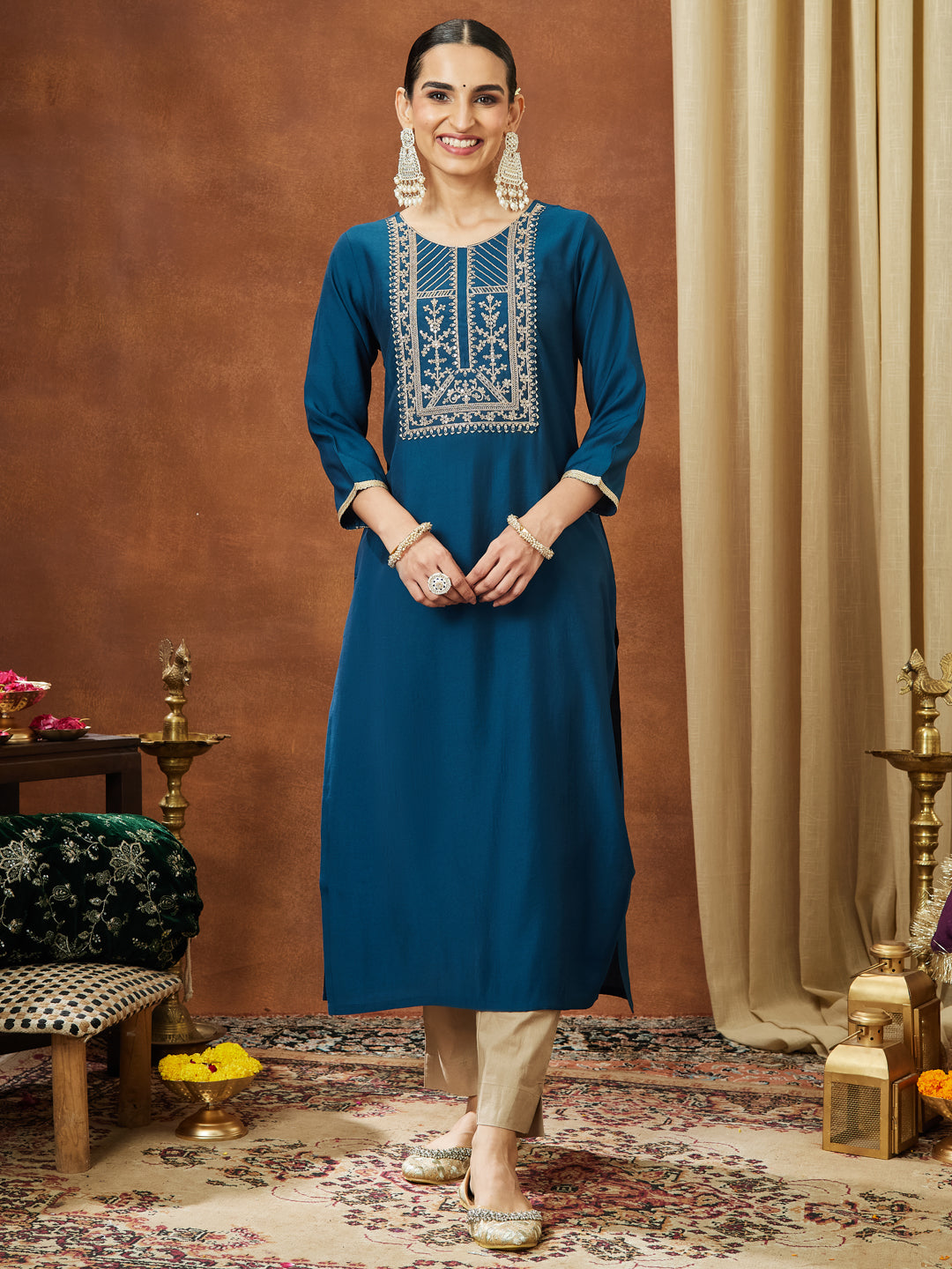 Ninnique Women's Teal Blue Chanderi Silk Zari Yoke Embroidery Straight Kurta