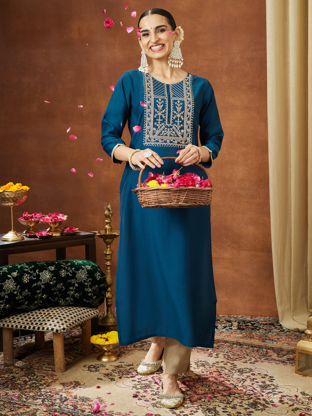 Ninnique Women's Teal Blue Chanderi Silk Zari Yoke Embroidery Straight Kurta