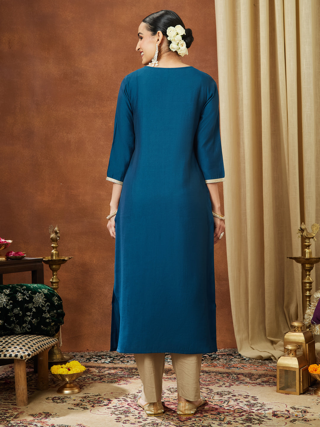 Ninnique Women's Teal Blue Chanderi Silk Zari Yoke Embroidery Straight Kurta