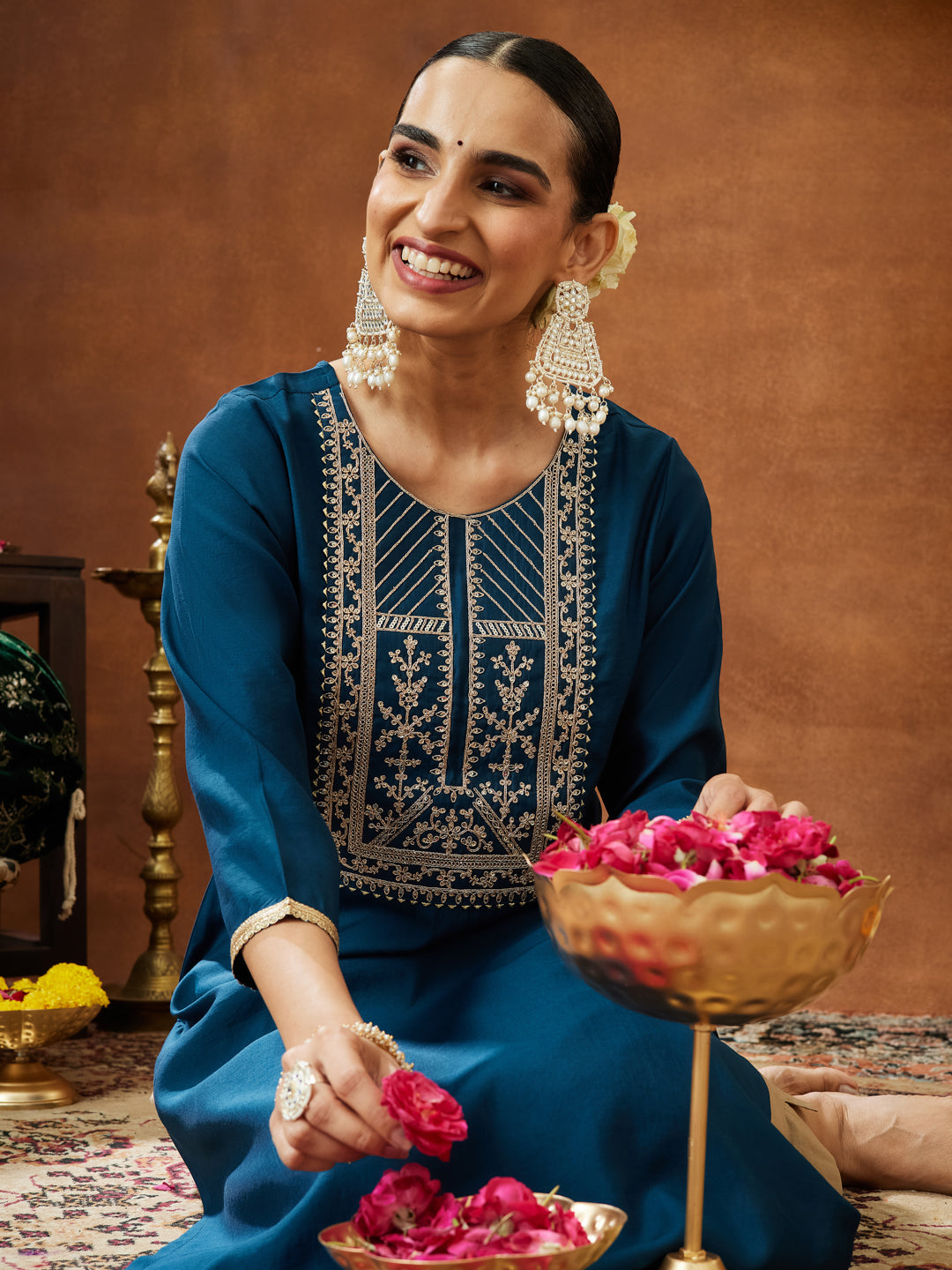 Ninnique Women's Teal Blue Chanderi Silk Zari Yoke Embroidery Straight Kurta