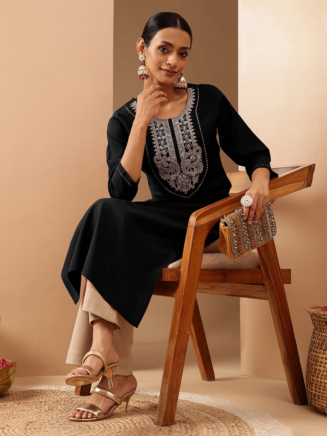 Ninnique Women's Black Chanderi Silk Yoke Embroidered Straight Kurta