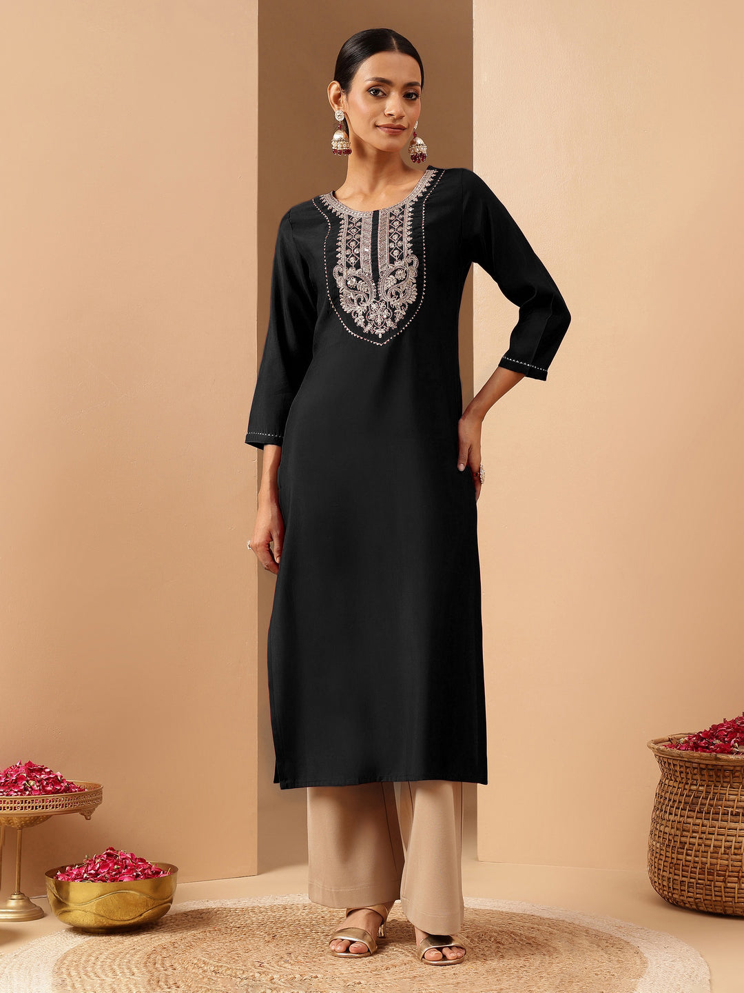 Ninnique Women's Black Chanderi Silk Yoke Embroidered Straight Kurta